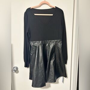 Cupshe Black V-Neck Long Sleeve Faux Leather Skater Dress